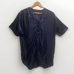 Natalie Robyn Lingerie Blue Satin V-Neck Button Front Short Sleeve Tunic Top M